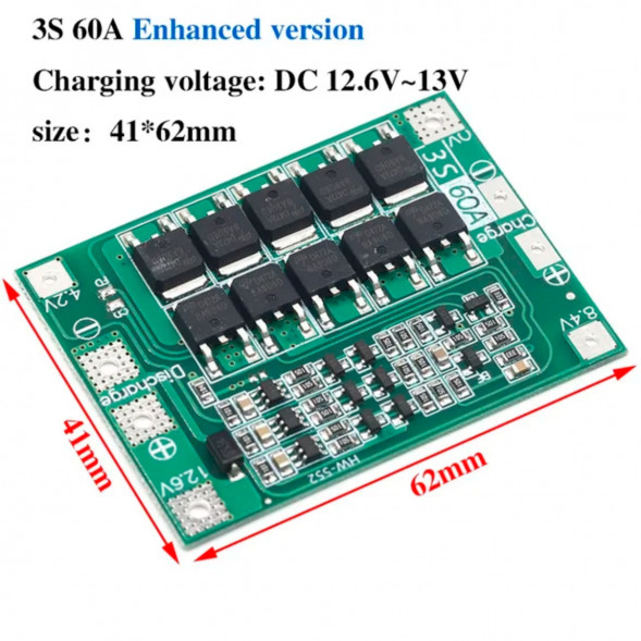 Плата защиты аккумулятора BMS 3S 60A 12.6 для Li-ion в Липецке
